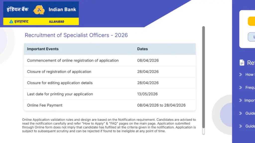 Indian Bank Specialist Officer Bharti 2026